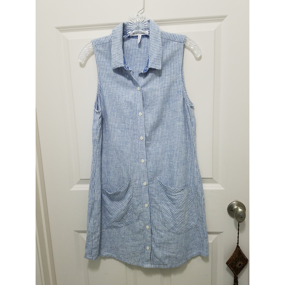 BCB Generation Women Blue Stripe Button Up Short Sleeve Front Pockets Sz S BOHO
